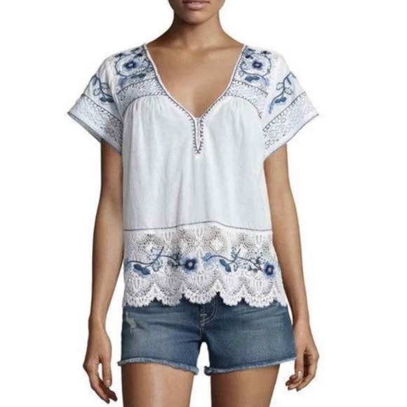 Calypso St. Barth Tops - CALYPSO ST BARTH Crochet Embroider Top Women Small White Blue Boho Floral Retro